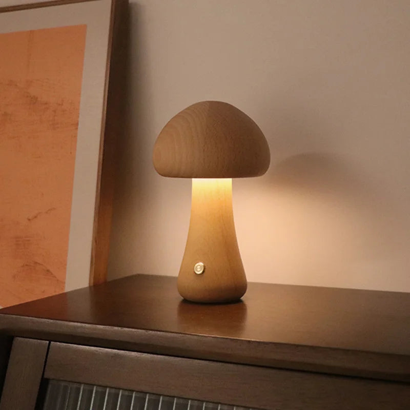 lampe champignon <br> tactile en bois