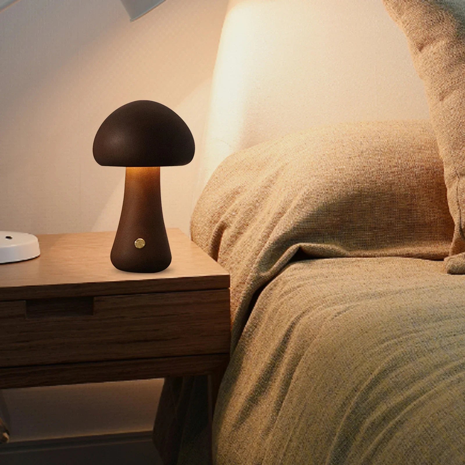 lampe champignon <br> tactile en bois