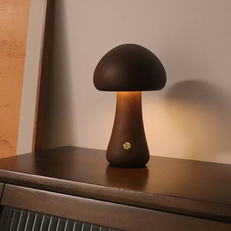 lampe champignon <br> tactile en bois