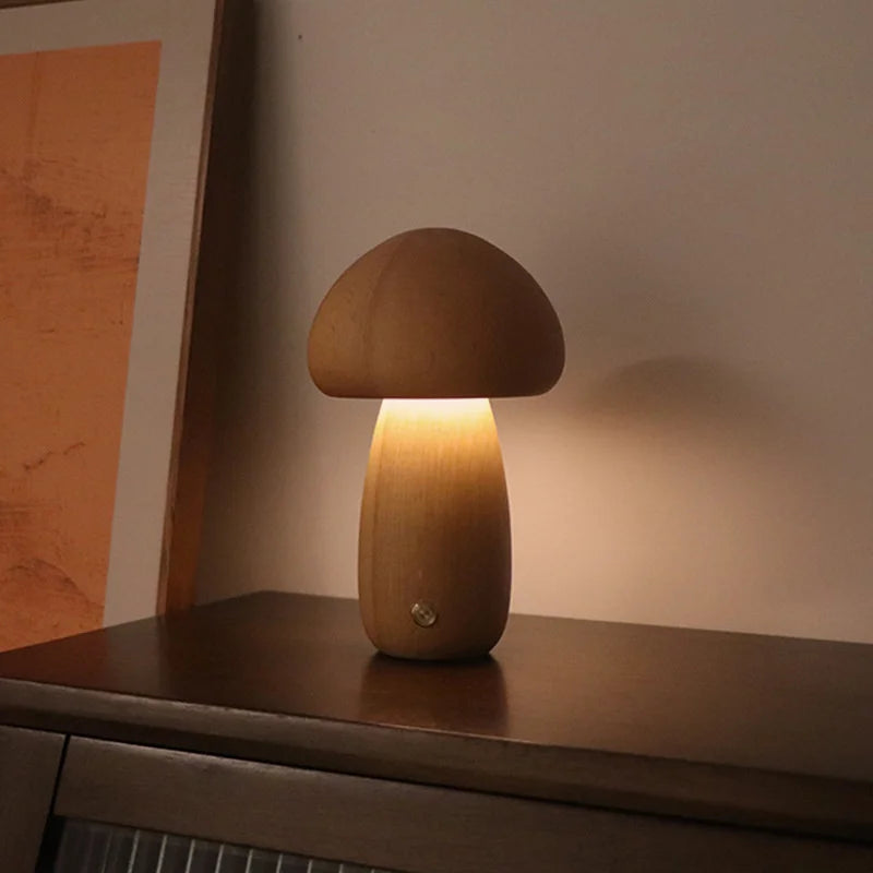 lampe champignon <br> tactile en bois