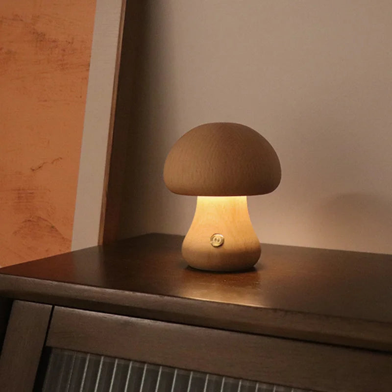 lampe champignon <br> tactile en bois