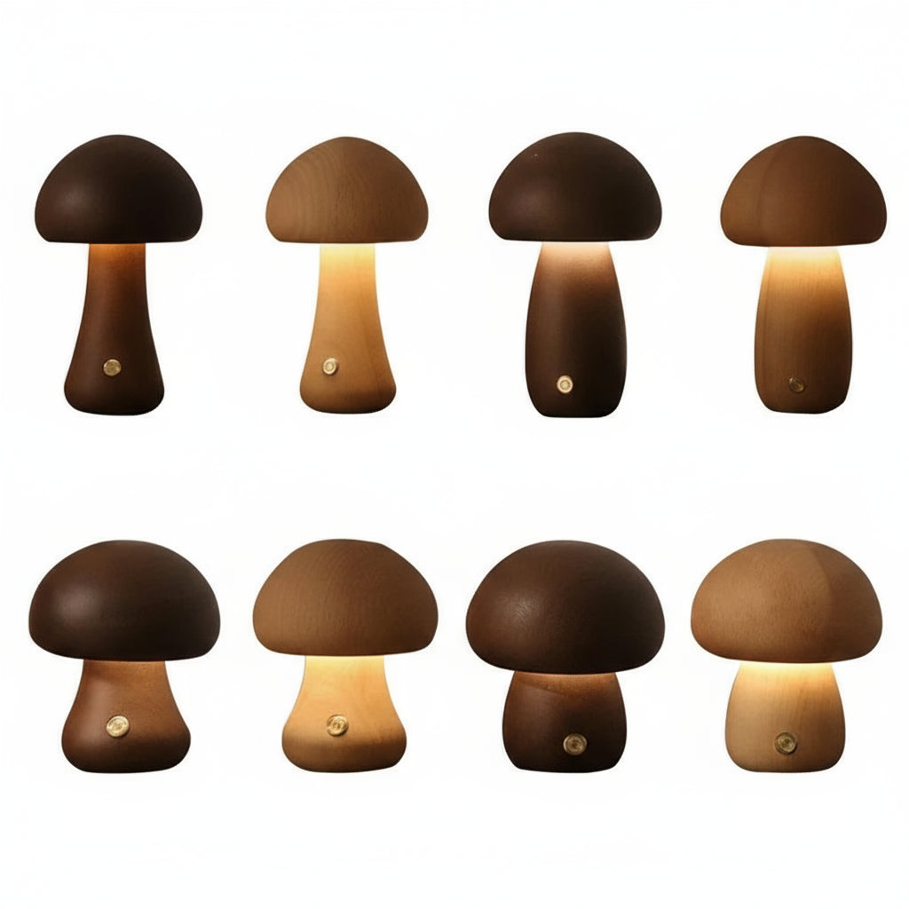 lampe champignon <br> tactile en bois
